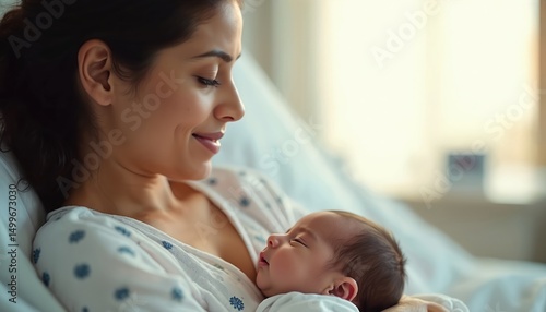 Indian mother gently holds newborn baby in hospital. Woman smiles, infant sleeps peacefully on mother chest. Maternal love, care, family bonding, happiness, joy. New life, postnatal, healthcare, baby