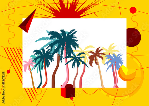 Palm Tree geometrical graphic retro theme background. Minimal geometric elements. Vintage abstract shapes vector illustration.