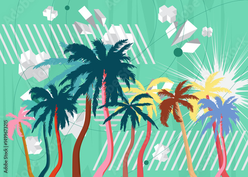 Palm Tree geometrical graphic retro theme background. Minimal geometric elements. Vintage abstract shapes vector illustration.