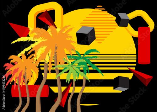 Palm Tree geometrical graphic retro theme background. Minimal geometric elements. Vintage abstract shapes vector illustration.