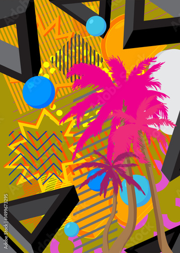 Palm Tree geometrical graphic retro theme background. Minimal geometric elements. Vintage abstract shapes vector illustration.