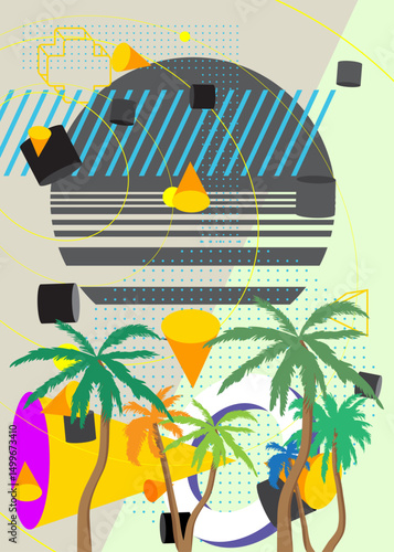 Palm Tree geometrical graphic retro theme background. Minimal geometric elements. Vintage abstract shapes vector illustration.