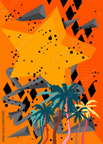Palm Tree geometrical graphic retro theme background. Minimal geometric elements. Vintage abstract shapes vector illustration.