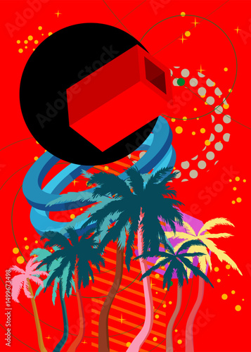 Palm Tree geometrical graphic retro theme background. Minimal geometric elements. Vintage abstract shapes vector illustration.