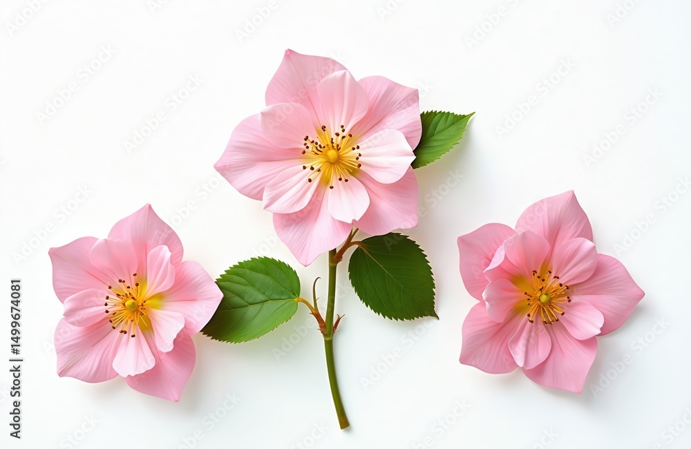 Fototapeta premium Close-up photo pink rosehip flower with green leaves on white background. Fresh natural rose bloom in studio. Beautiful floral object. Blossom with petals. Rosa, briar, dog rose. Food ingredient.