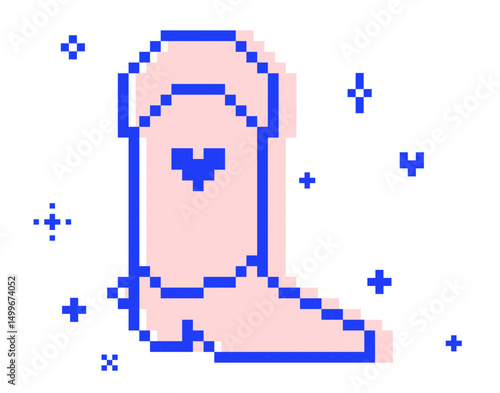 Y2k cowboy or cowgirl boot pixel art pink color fashion element. Trendy footwear western collage sticker. 8bit retro style vector illustration. Geometric shape. Game abstract wild west shoe icon