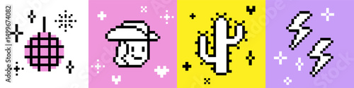Cute cowgirls disco party pixel art icon set. Y2k wild west party elements. Cowboy emoji. Vintage bold retro sticker. Futuristic game abstract vector pattern. Bright and bold modern geometric shape