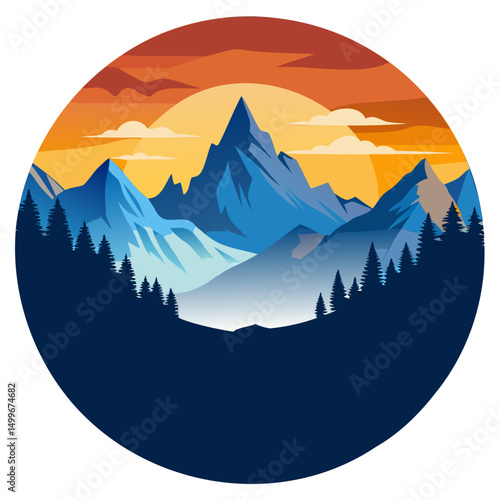 Illustration of a mountain range with trees at the base and a sunset in the background circle shape