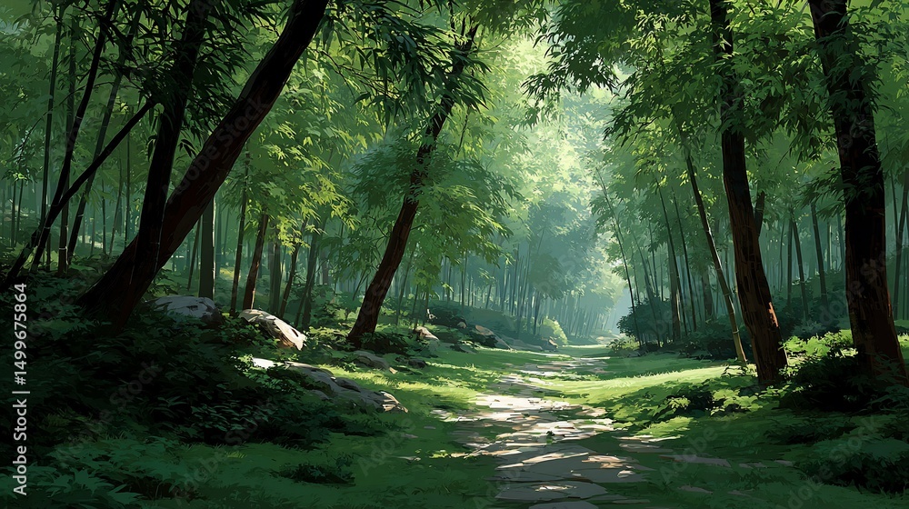 Naklejka premium Forest path bathed in sunlights embrace