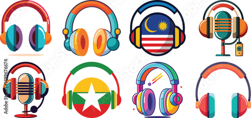 Headphones, microphone, laptop, equalizer, speech bubbles. Podcast recording and listening, broadcasting, online radio, audio streaming service Concept. Hand drawn Vector set. Isolated elements

