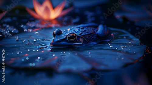 Serene nighttime scene featuring a dark blue frog resting on a water lily pad, illuminated by soft orange light.  Water droplets glisten on the pad's surface.