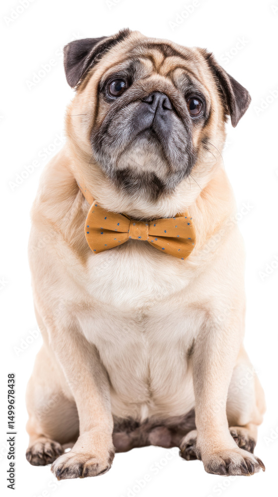 Charming Pug in a Bowtie: A distinguished pug with a delightful expression, adorned with a stylish bow tie, poses confidently for the camera, embodying both elegance and playful charm.