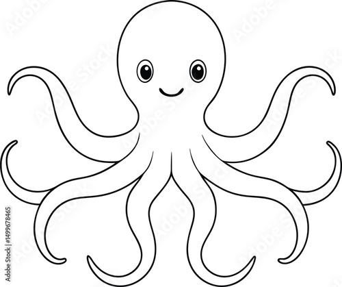 Adorable octopus outline with a cute smile and eight arms faces forward on white