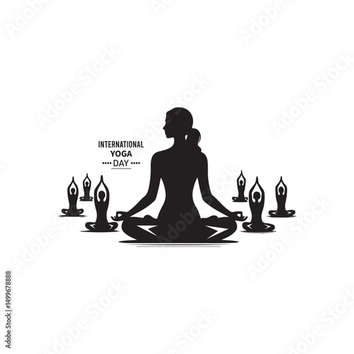 International Yoga Day Silhouette Vector Illustration, Solid White Background.
