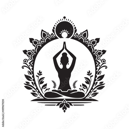 International Yoga Day Silhouette Vector Illustration, Solid White Background.