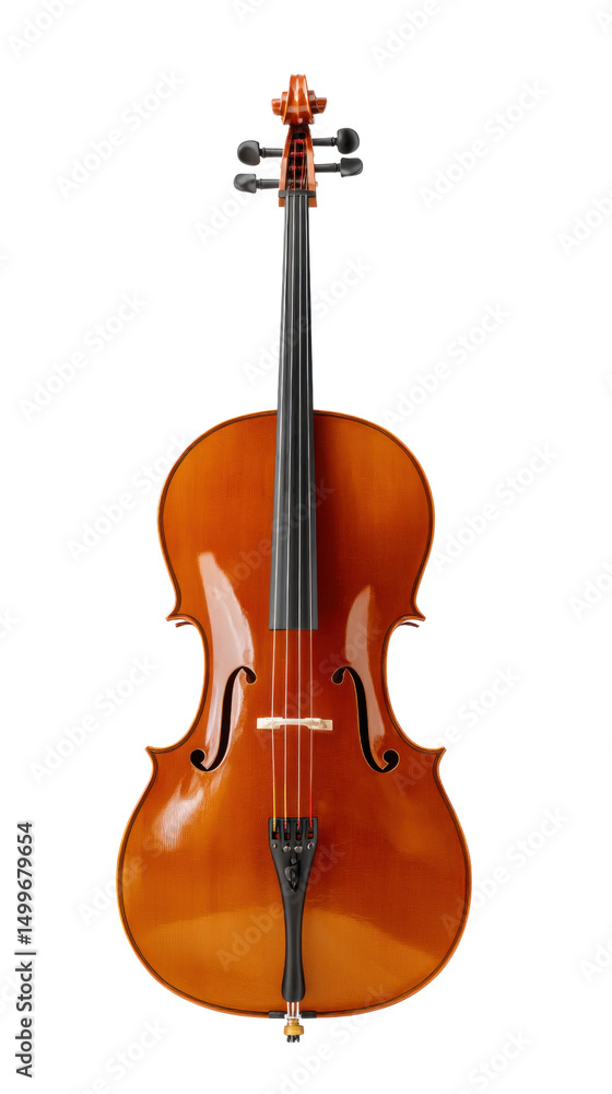 Obraz premium Solo Cello's Melody: A beautifully crafted cello stands in graceful isolation, its wood gleaming softly, a testament to the artistry of music, inviting the viewer to envision its resonant song.