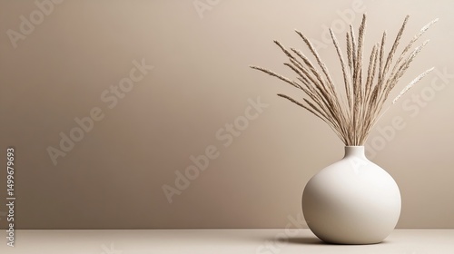 Vase holds wheat stalks against a beige wall, creating a minimalist, neutral toned composition with subtle shadows.