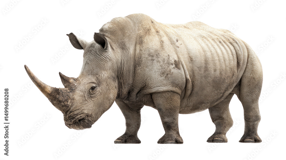 Obraz premium Majestic Rhinoceros in Profile: A photorealistic portrayal of a powerful rhinoceros showcases its impressive horn and textured hide, a testament to the untamed beauty of the animal kingdom.