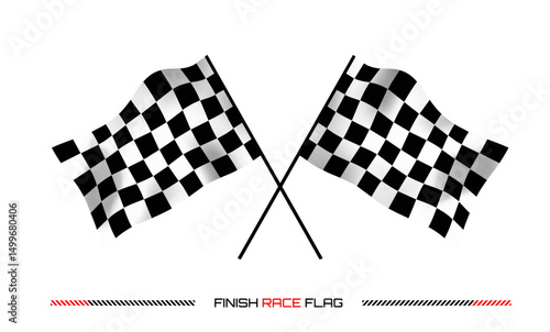Crossed checkered 3d race flags representing motorsport finish line for car rally isolated on white background. Chequered texture with start at motor road. Waving flag and winning position symbol.