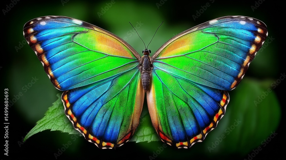 Obraz premium Vibrant butterfly with iridescent blue and green wings resting on a leaf