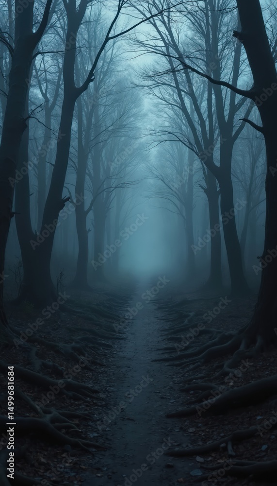 Obraz premium Eerie forest pathway leads into mist. Dark, creepy trees. Path with visible roots. Misty ambience, mysterious atmosphere. Halloween, horror, fantasy, paranormal themes.