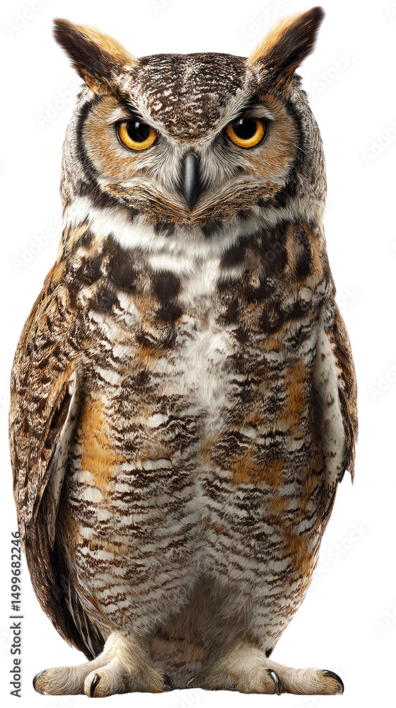 Fototapeta premium Wise Owl's Gaze: An awe-inspiring portrait of a majestic owl with piercing eyes and detailed feathers, radiating wisdom and capturing the essence of wilderness.