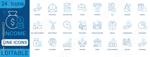 Income icon set. Containing money, tax, earnings, payment, accounting, paycheck, work, pension and wages icons. perfect line icon collection.