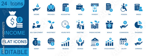 Income icon set. Containing money, tax, earnings, payment, accounting, paycheck, work, pension and wages icons. perfect flat icon collection.