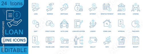 Loan icon set. Containing mortgage, borrow, interest, debtor, credit score, lender, installment, rate, lending and more. perfect line icon collection.