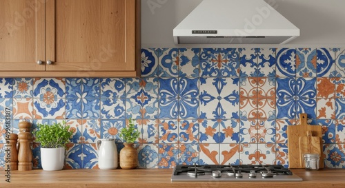 Mediterranean Tile-Inspired Hand-Drawn Floral Wall Design for Kitchen Backsplash