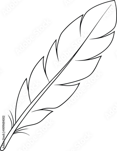 Simple outline showcases a single feather with a detailed vane and quill in black