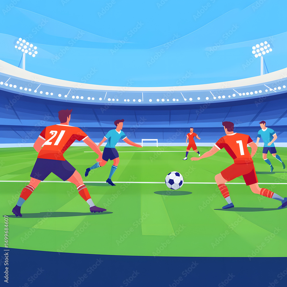 Fototapeta premium Professional soccer players in action on the football stadium. Teamwork, competition, sportsmanship concept