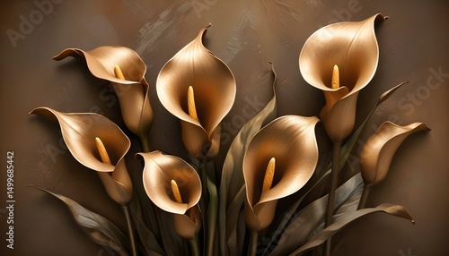 A cluster of exquisite bronze calla lilies with graceful forms against a brown textured background.