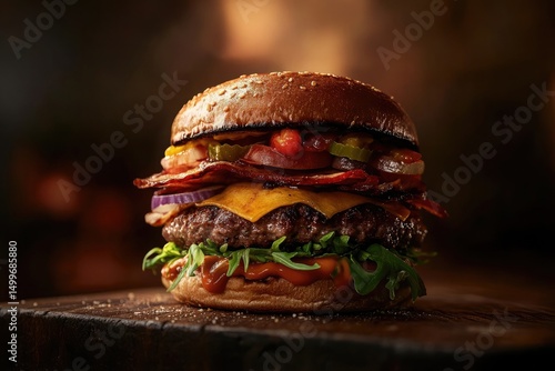 Juicy cheeseburger with melted cheese on a sesame bun