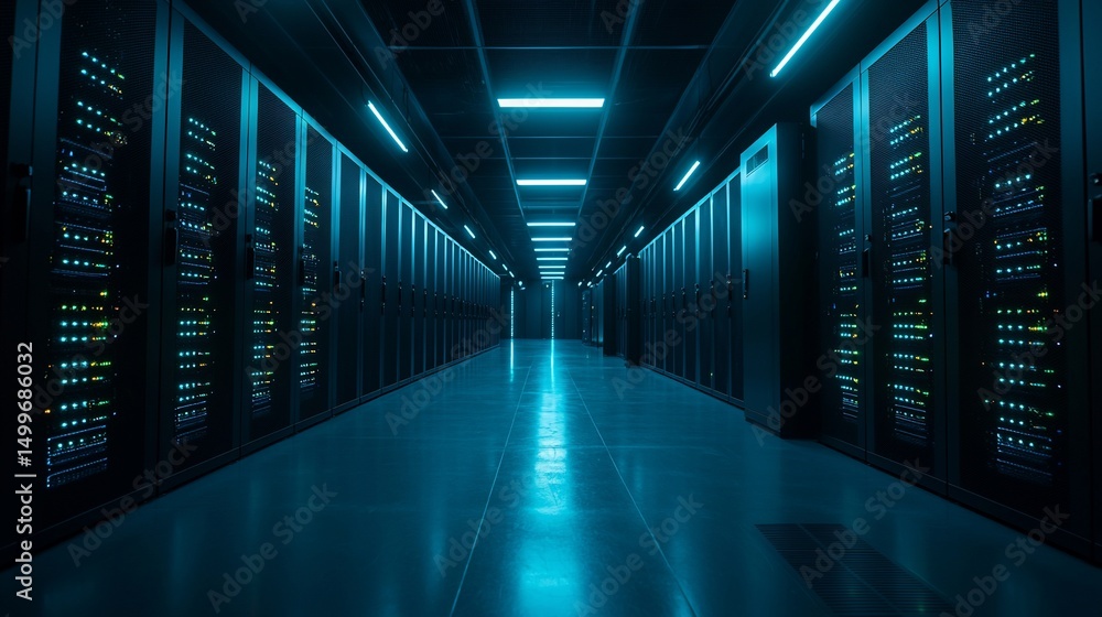 Fototapeta premium Server room, illuminated by blue lights