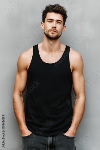 Wallpaper Mural A young man with a muscular build stands confidently against a gray wall. He wears a black tank top mockup and has a casual, relaxed pose with his hands in his pockets. Torontodigital.ca