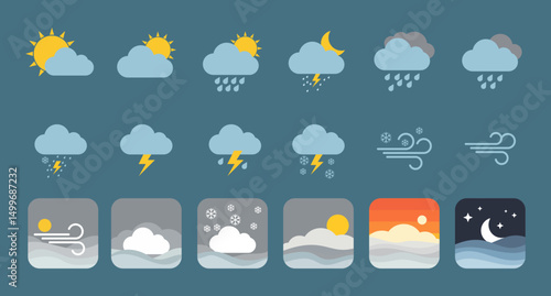 weather icons, clouds, sunny, gray, cloudy, rainy, snowflakes, wind, sun, moon, crescent, waves, sunrise, sunset, beach, background. and many more.