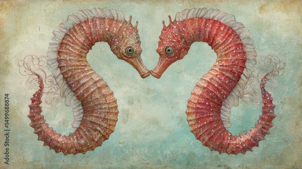 Fototapeta premium Two seahorses facing each other, close, pastel colors, textured background