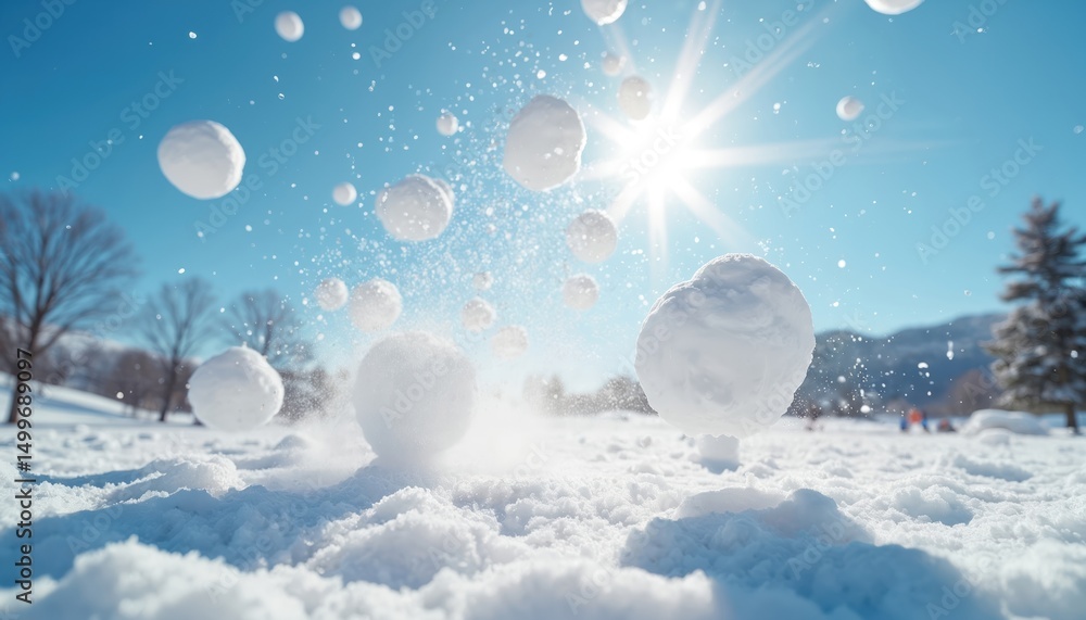 Naklejka premium Close-up shot snowballs being tossed air during winter game. Fun, excitement, joy play, adventure, laughter. Winter, outdoor activity, snow covered ground, bright blue sky, sunny day.