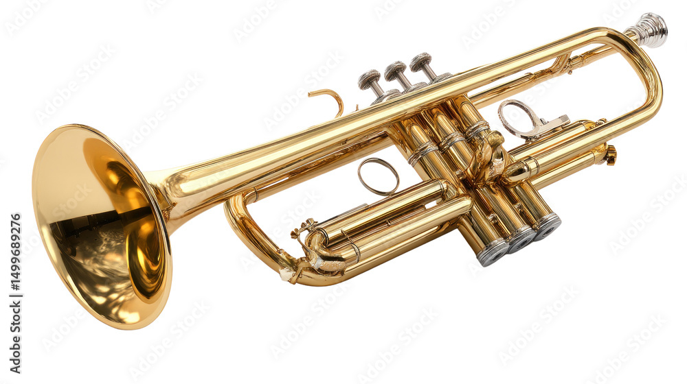 Obraz premium Golden Trumpet: This close-up view unveils the elegant form of a classic golden trumpet, its gleaming brass surfaces reflecting the light with a captivating gleam. It is a visual symphony.