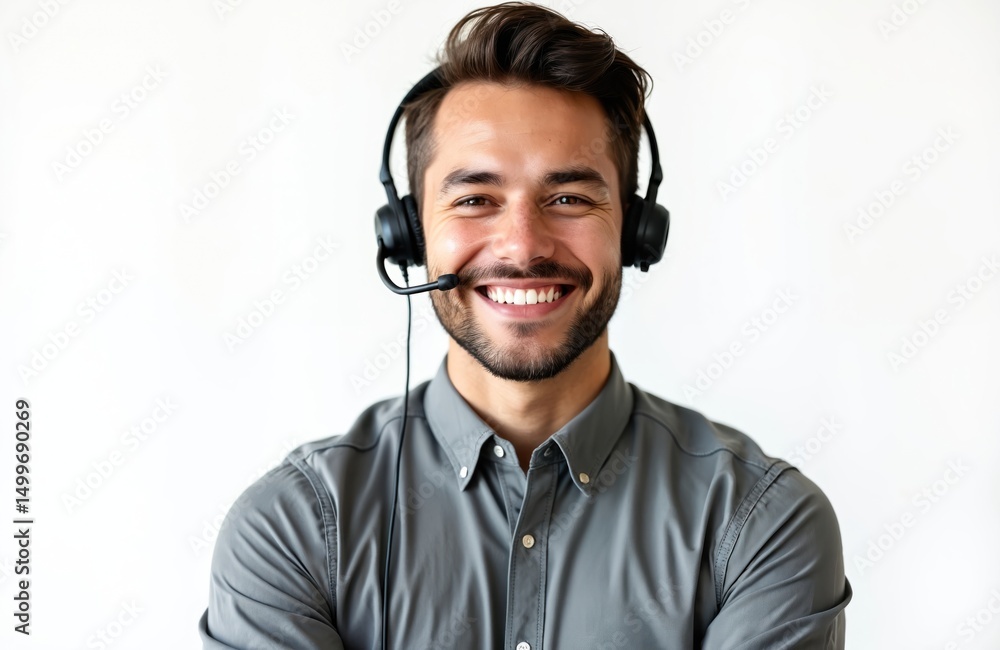 Smiling young man with microphone headset on white background. Friendly customer support representative call center agent wears headphones. Happy businessman, advisor, telemarketer works in office. Smiling young man with microphone headset on white background. Friendly customer support representative call center agent wears headphones. Happy businessman, advisor, telemarketer works in office.