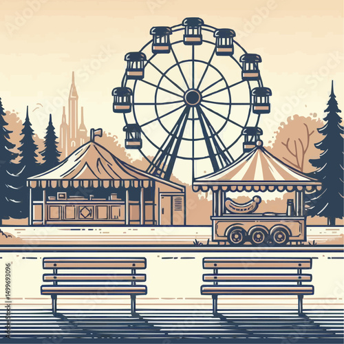 Amusement park scene with Ferris wheel and food stall in retro style