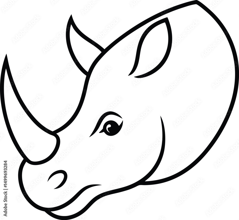 Naklejka premium Stylized black and white illustration of a smiling rhinoceros head profile for design