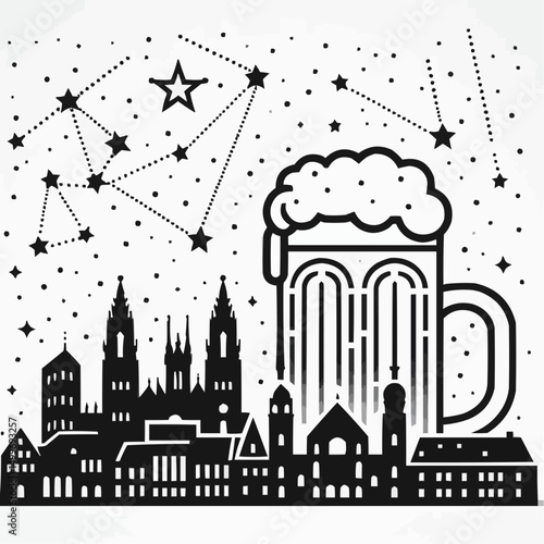 Beer mug, cosmopolitan night view, cityscape with stars, black and white illustration