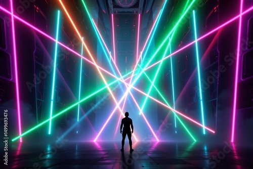 silhouette figure standing at the bottom of intersecting neon laser beams in a futuristic, abstract space, clear copy space at the top for text.