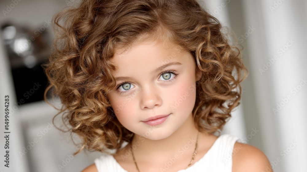 Close-up of a young girl with curly hair and bright blue eyes looking directly at the camera Close-up of a young girl with curly hair and bright blue eyes looking directly at the camera