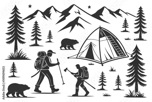 Camping and Hiking Monochrome Silhouettes: Adventure Outdoors, Forests, Mountains, Tents and Backpacking for Summer Adventures.