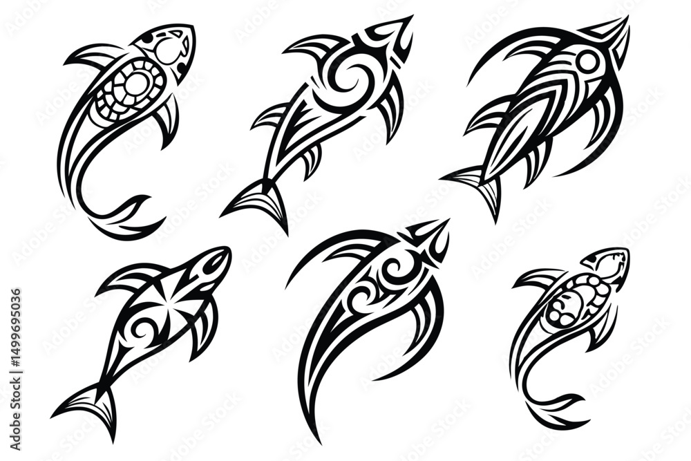 Tribal Shark Tattoo Designs Collection, Black and White Vector Illustration for Graphic Design and Creative Projects. Tribal Shark Tattoo Designs Collection, Black and White Vector Illustration for Graphic Design and Creative Projects.