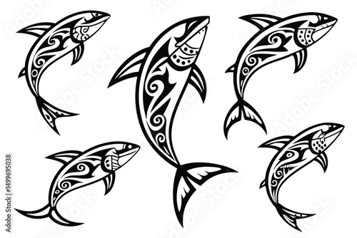 Sharks collection in Polynesian tribal tattoo style, isolated vector illustration for ocean concept, black and white graphic design.