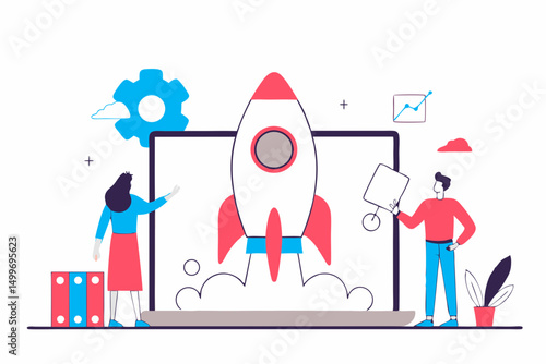 Team launching rocket startup from laptop screen